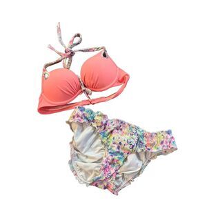 Victorias Secret‎ Floral 2 Pc Bikini Set Bathing Suit Push Up Padded 32A XS